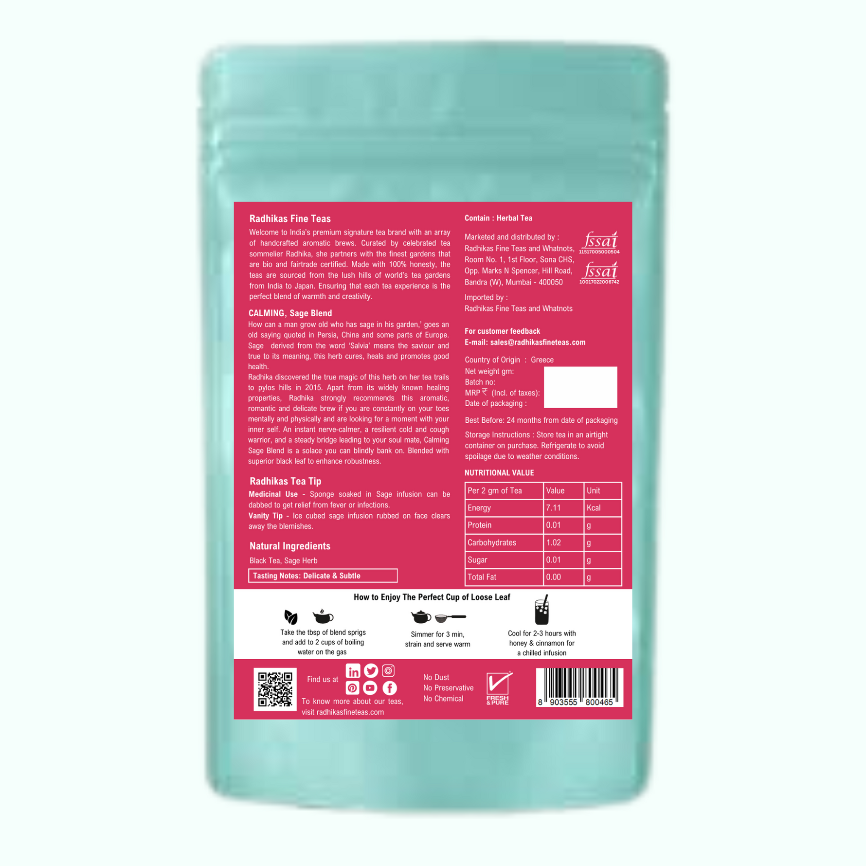 Radhika's Fine Teas Calming Sage Blend (50g) | Pure Herbal Tisane for Stress Relief, Mental Clarity & Hormonal Wellness