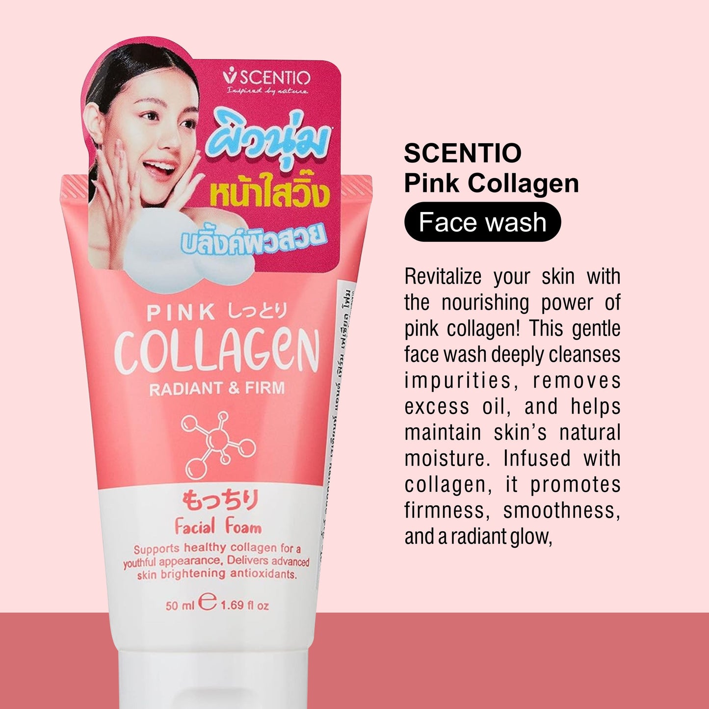 SCENTIO Pink Collagen Face Wash 50ML – Anti-Wrinkle, Firm & Glow Skin | Organic, SLS & Paraben Free