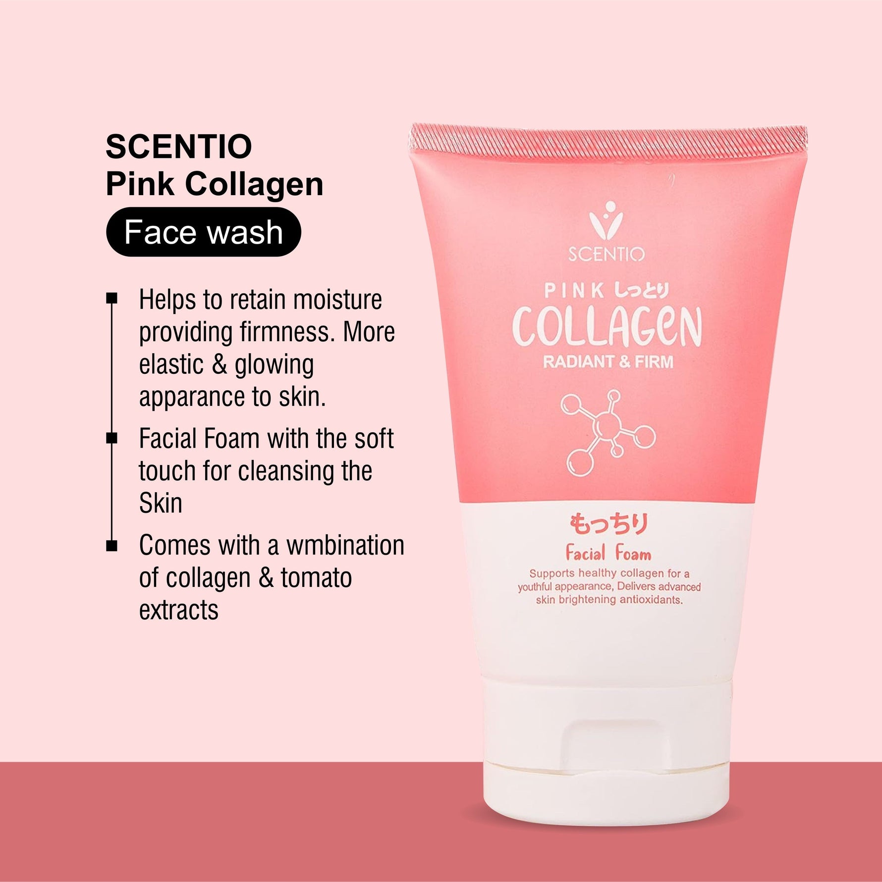 SCENTIO Pink Collagen Face Wash 100ML – Anti-Wrinkle, Firming & Glowing Skin | Organic & Paraben-Free