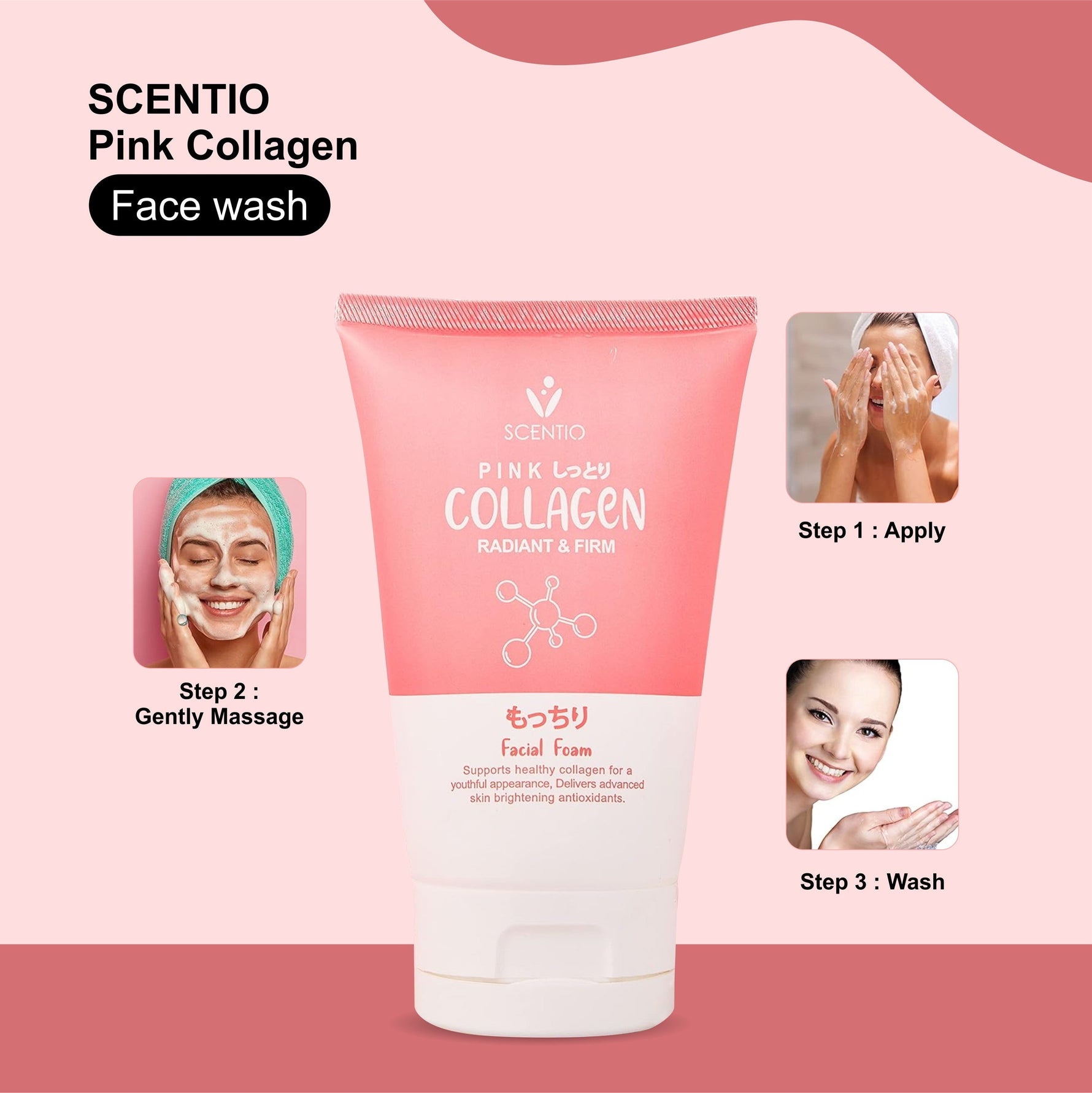 SCENTIO Pink Collagen Face Wash 100ML – Anti-Wrinkle, Firming & Glowing Skin | Organic & Paraben-Free