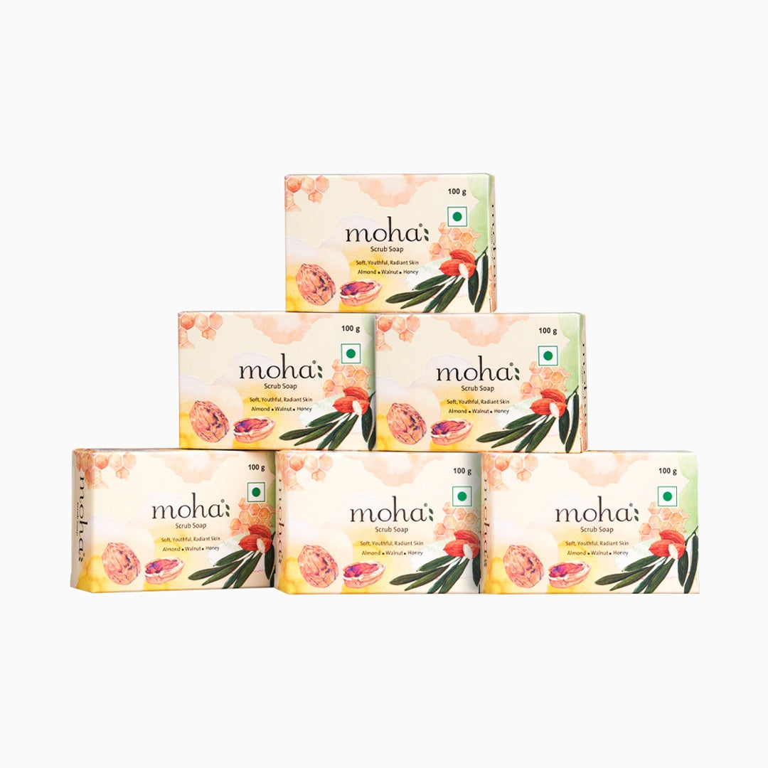 moha: Honey & Almond Scrub Soap (Pack of 6) - Walnut Shell & Neem Body Bars