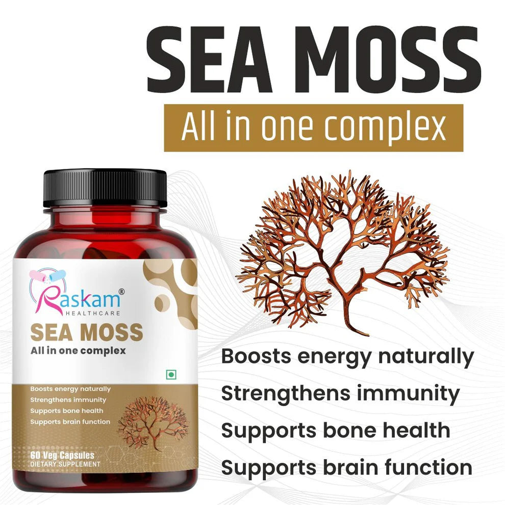 Raskam Sea Moss | 150MG | 60 Capsules - Organic Irish Sea Moss Powder | Bio available Minerals for Thyroid , Skin and Joint Support