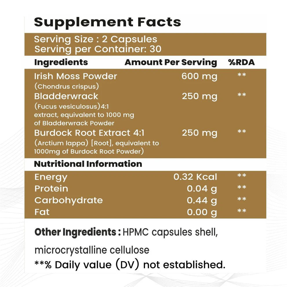 Raskam Sea Moss | 150MG | 60 Capsules - Organic Irish Sea Moss Powder | Bio available Minerals for Thyroid , Skin and Joint Support