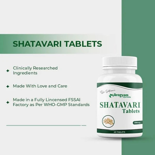 Dr. Satnam’s Arogyam Ayurveda Shatavari Tablets (500mg, 60 Tablets) | Pure Adaptogenic Shatavari Extract for Hormonal Balance, Lactation & Female Vitality