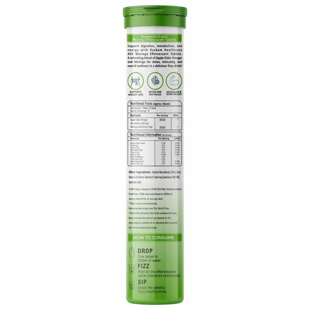 Raskam Apple Cider Vinegar (ACV) Moringa | Master Your Appetite & Boost Immunity | Natural Energy with Antioxidants | No Added Sugar | Guava Flavor | 15 Fizz Tablets (500mg)