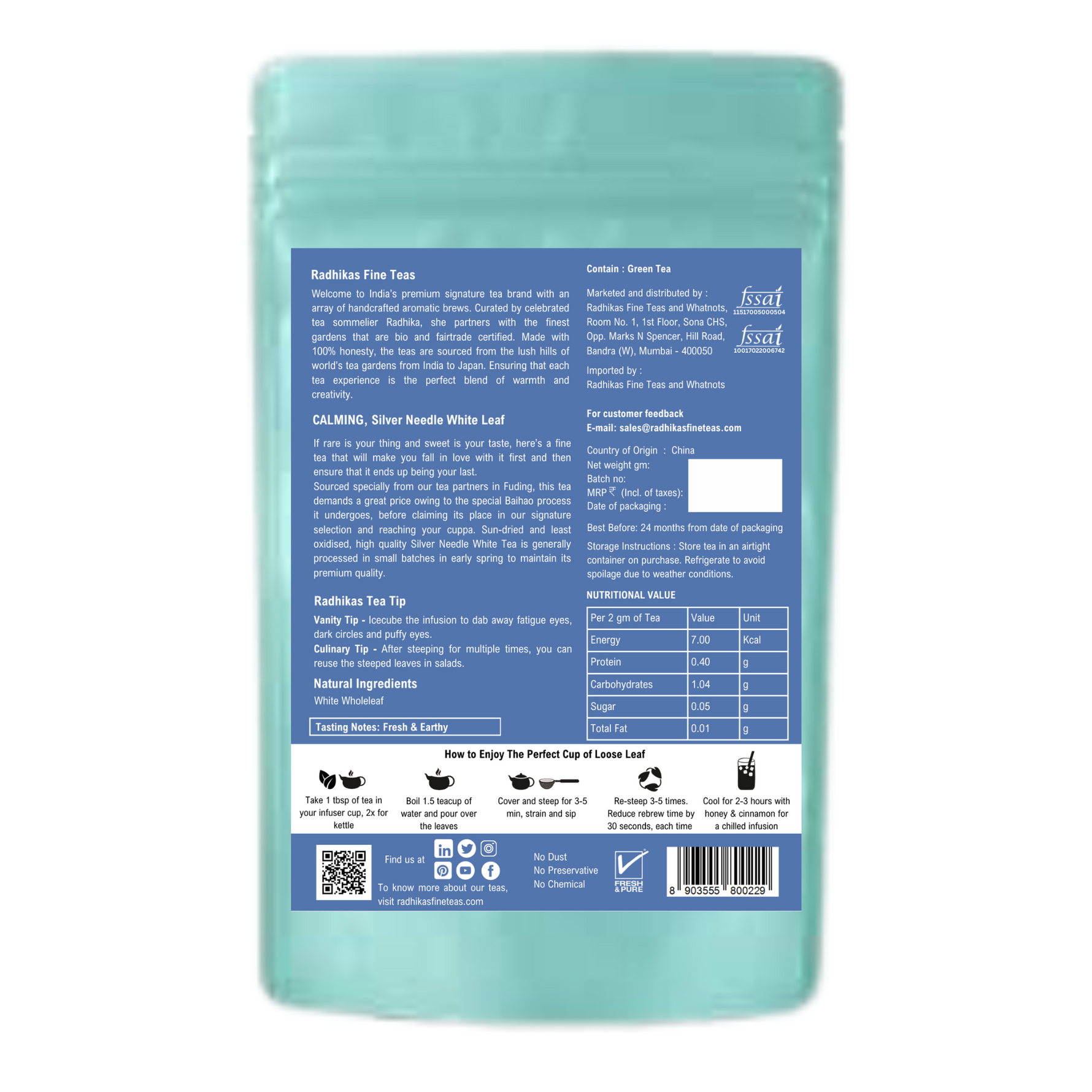 Radhika's Fine Teas CALMING Silver Needle White Leaf Tea (50g)