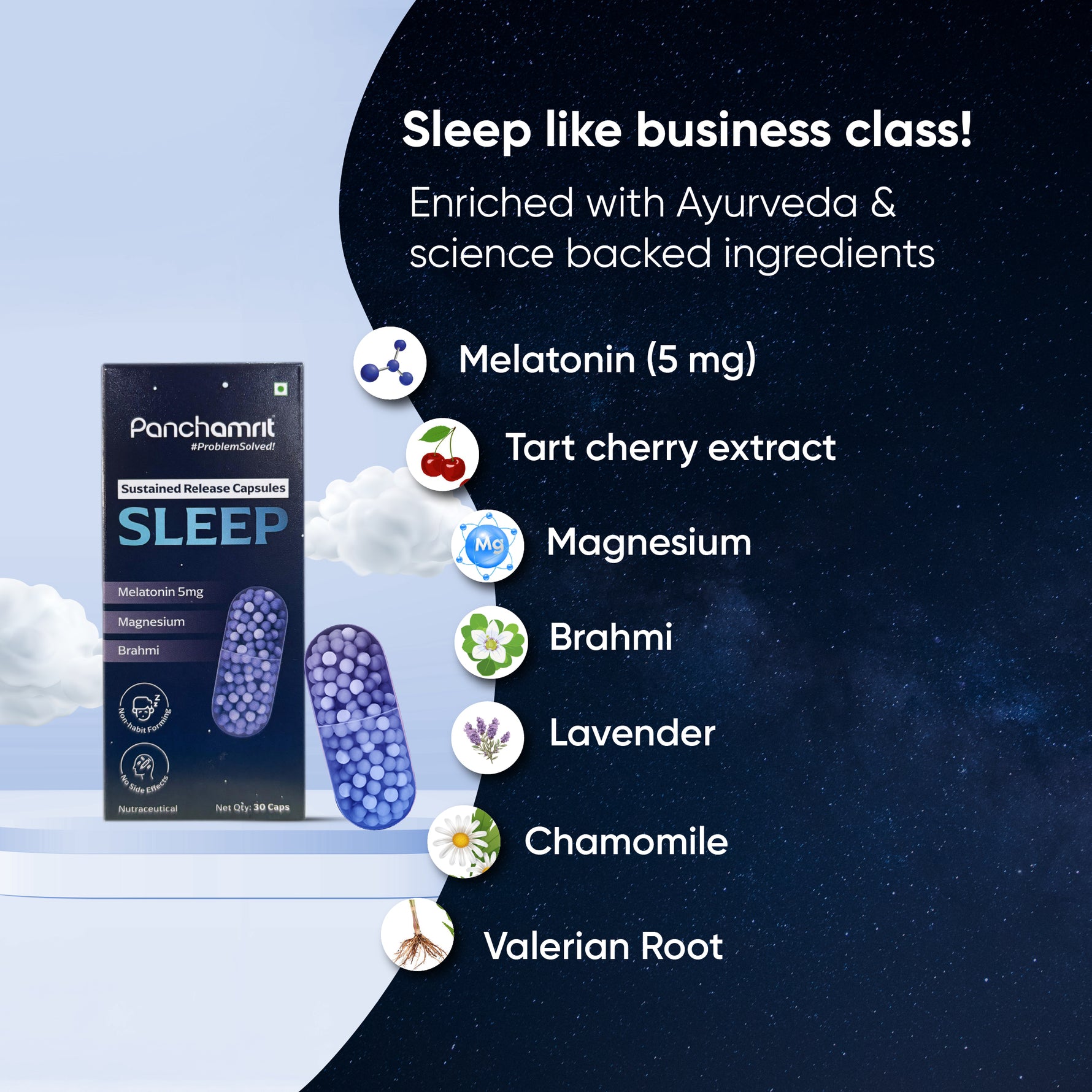 Panchamrit Sustained Release Capsule For Sleep with 5mg Melatonin, 30mg Valerian Root |Tart Cherry, Magnesium, Vitamin B6&B12 |Deep, Relaxing, Undisturbed Sleep |Non-Habit Forming