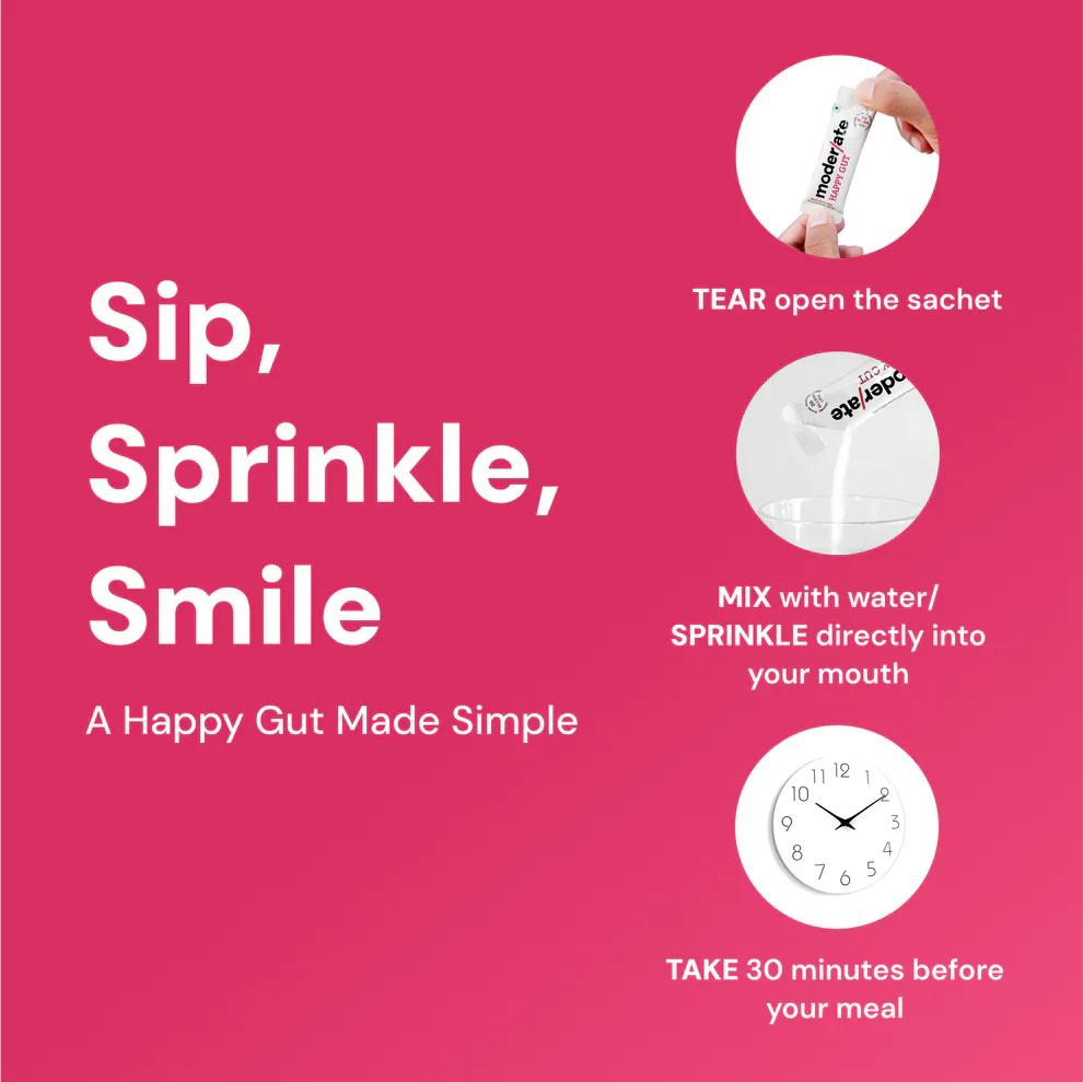 Moderate Happy Gut Sachet - Prebiotic & Probiotic – Complete Gut Health Solution with 9 Good Bug & Strains- 15 Sachets