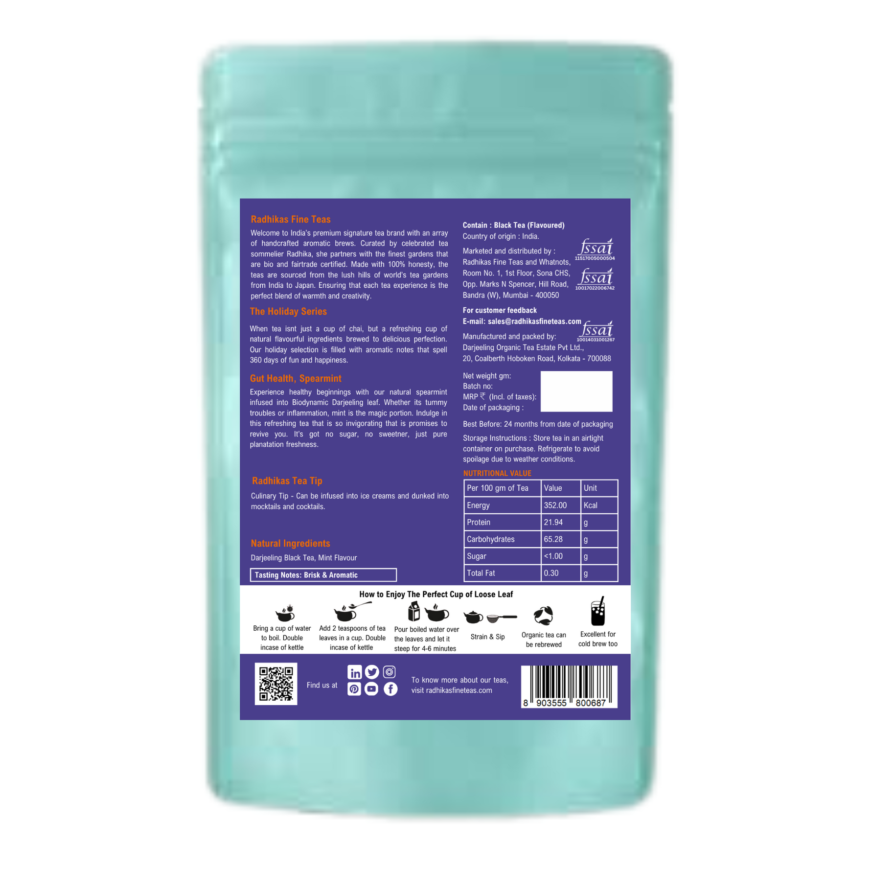 Radhikas Fine Teas Gut Health Spearmint Darjeeling Leaf - 100gm
