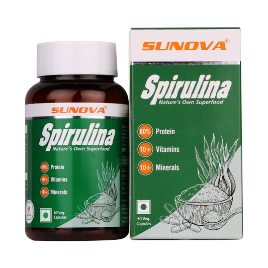 Sunova Spirulina Capsule | For Energy, Stamina, Muscle Strength, Antioxidant Support & Bone Health - 60 Capsules