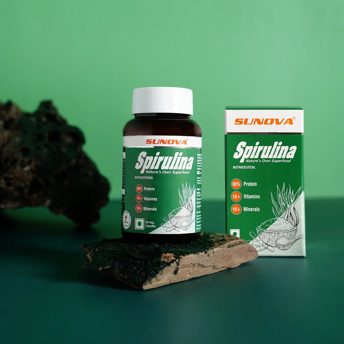 Sunova Spirulina Capsule | For Energy, Stamina, Muscle Strength, Antioxidant Support & Bone Health - 60 Capsules