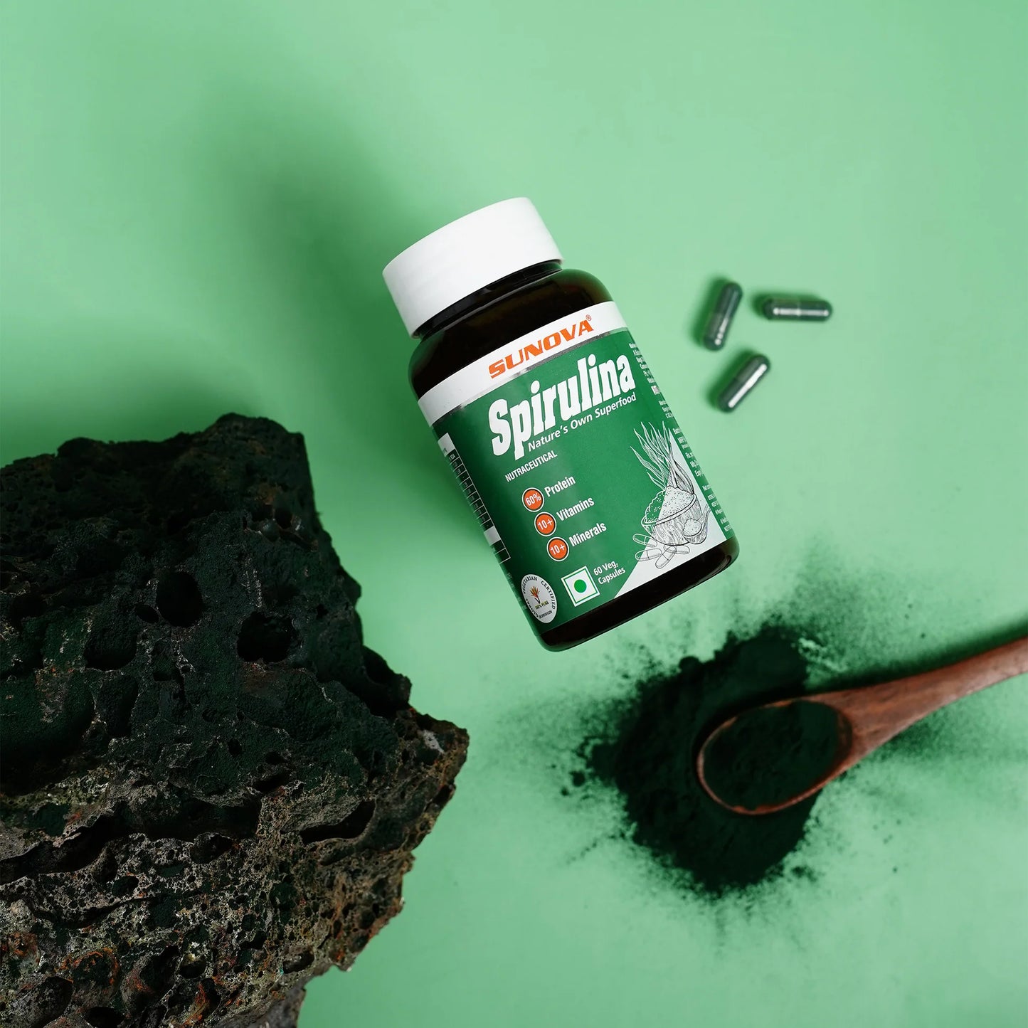 Sunova Spirulina Capsule | For Energy, Stamina, Muscle Strength, Antioxidant Support & Bone Health - 60 Capsules