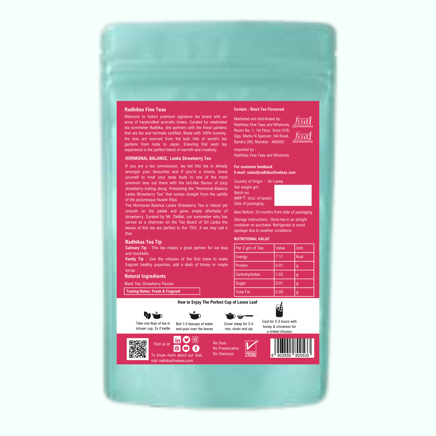 Radhika's Fine Teas Hormonal Balance Lanka Strawberry Tea (50g) | Single-Origin Ceylon Black Tea for Skin Glow, Balance & Vitality