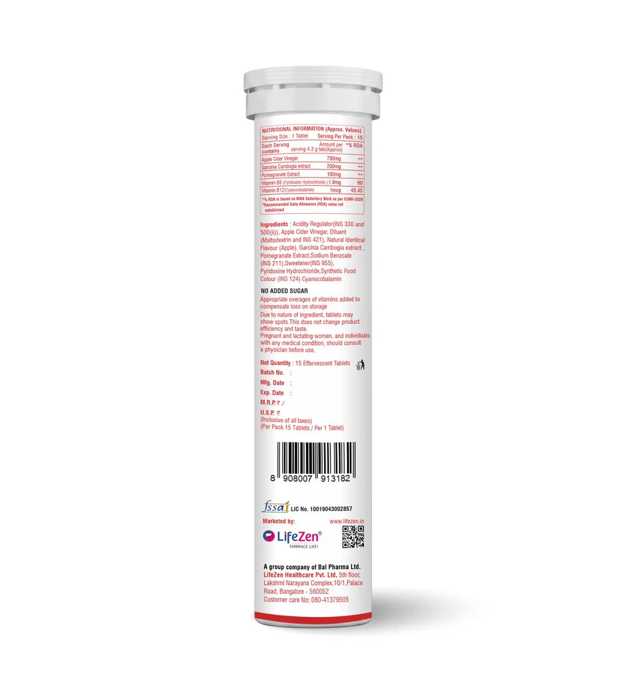 Lifezen Tuskca Apple Cider Vinegar with Mother 15 Effervescent Tablets 700mg, Pomegranat extract, Apple Flavour | Weight Management, Gut Health, Digestion, Boosts Metabolism | No added Sugar (Pack Of 1)