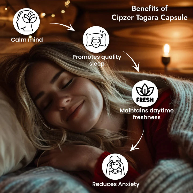 Cipzer Tagara Capsule - 30 Capsules | Natural Sleep Support, Stress Relief, Brain Health & Relaxation