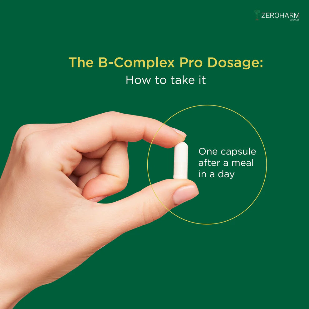 ZEROHARM B-Complex Pro with Vitamin D3 & K2-7 | Vitamin B-Complex With B1, B2, B3, B5, B6, B9 & Vit B12 | Plant-Based Supplement | Supports Energy & Immunity For Men and Women | 60 Veg Capsules