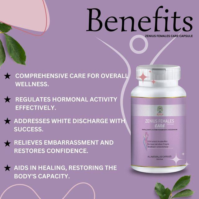 Zenius Females Care Capsules - White Discharge Medicine for Leucorrhoea and Female Health Care - 60 Capsules