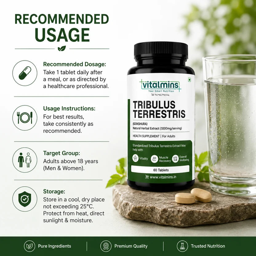 Vitalmins Tribulus Terrestris Tablets | Standardized Extract for Peak Athletic Performance, Physical Strength & Daily Vitality – 60 Tablets