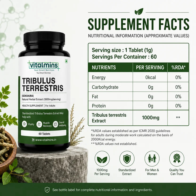 Vitalmins Tribulus Terrestris Tablets | Standardized Extract for Peak Athletic Performance, Physical Strength & Daily Vitality – 60 Tablets