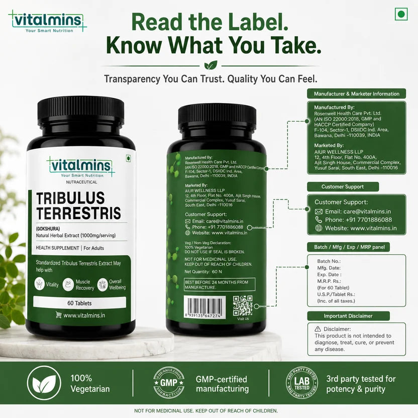 Vitalmins Tribulus Terrestris Tablets | Standardized Extract for Peak Athletic Performance, Physical Strength & Daily Vitality – 60 Tablets