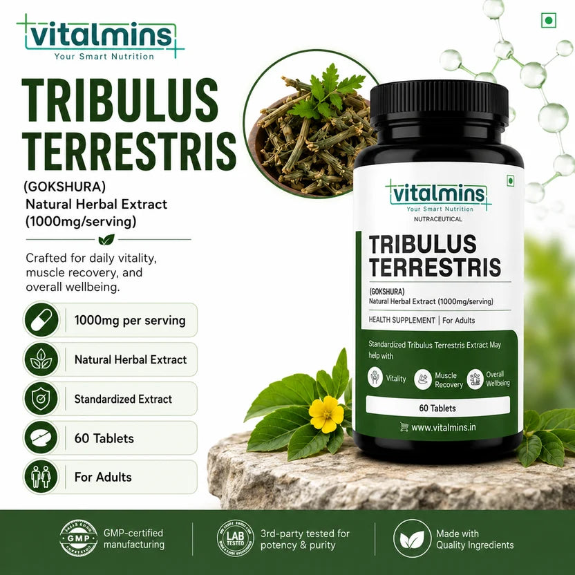 Vitalmins Tribulus Terrestris Tablets | Standardized Extract for Peak Athletic Performance, Physical Strength & Daily Vitality – 60 Tablets