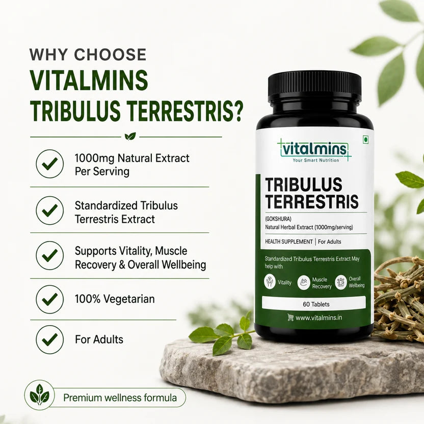 Vitalmins Tribulus Terrestris Tablets | Standardized Extract for Peak Athletic Performance, Physical Strength & Daily Vitality – 60 Tablets