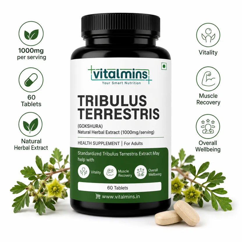 Vitalmins Tribulus Terrestris Tablets | Standardized Extract for Peak Athletic Performance, Physical Strength & Daily Vitality – 60 Tablets