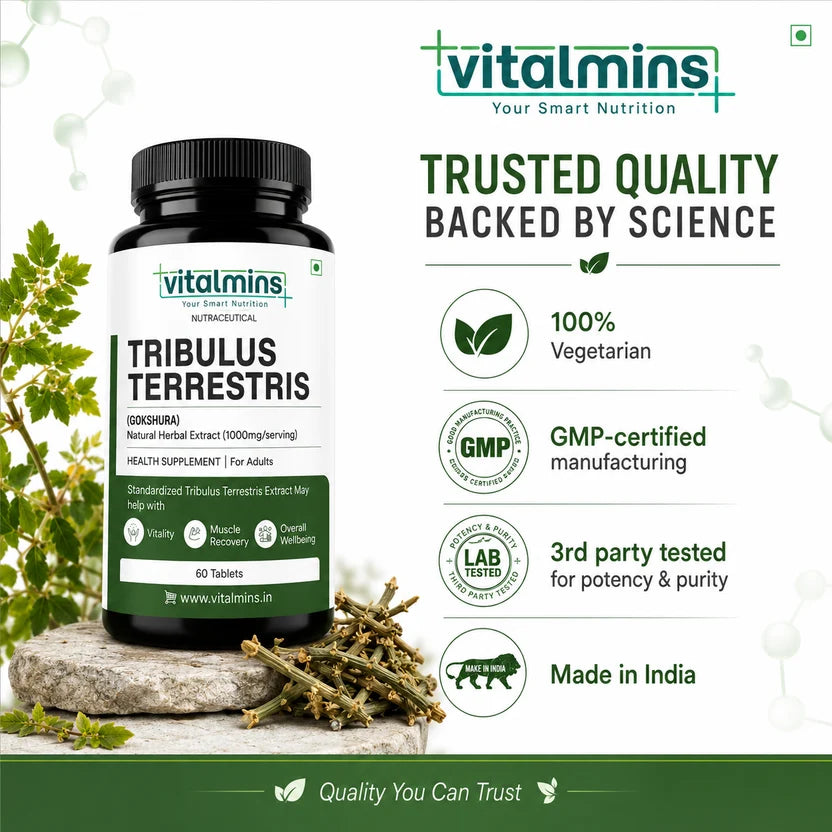 Vitalmins Tribulus Terrestris Tablets | Standardized Extract for Peak Athletic Performance, Physical Strength & Daily Vitality – 60 Tablets