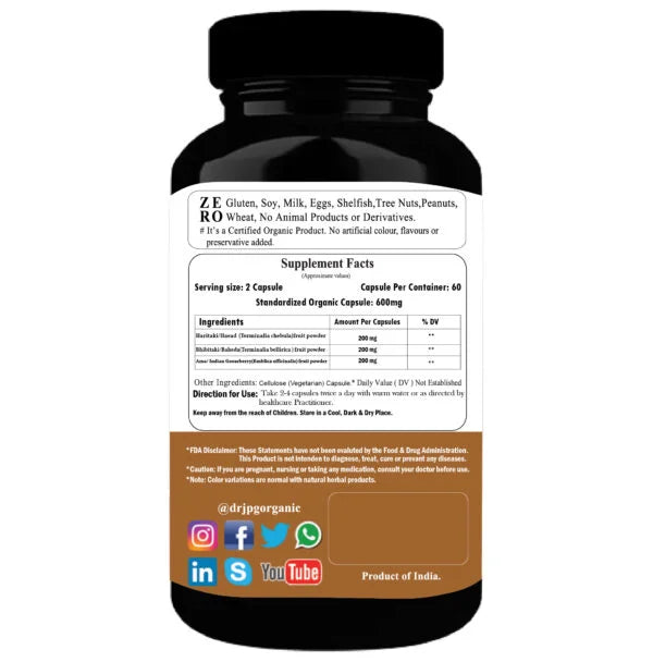 DR. JPG Organic Triphala Capsules (500mg, 60 Veg Capsules) | For Digestion, Colon Cleanse & Gut Health | 100% Certified Organic