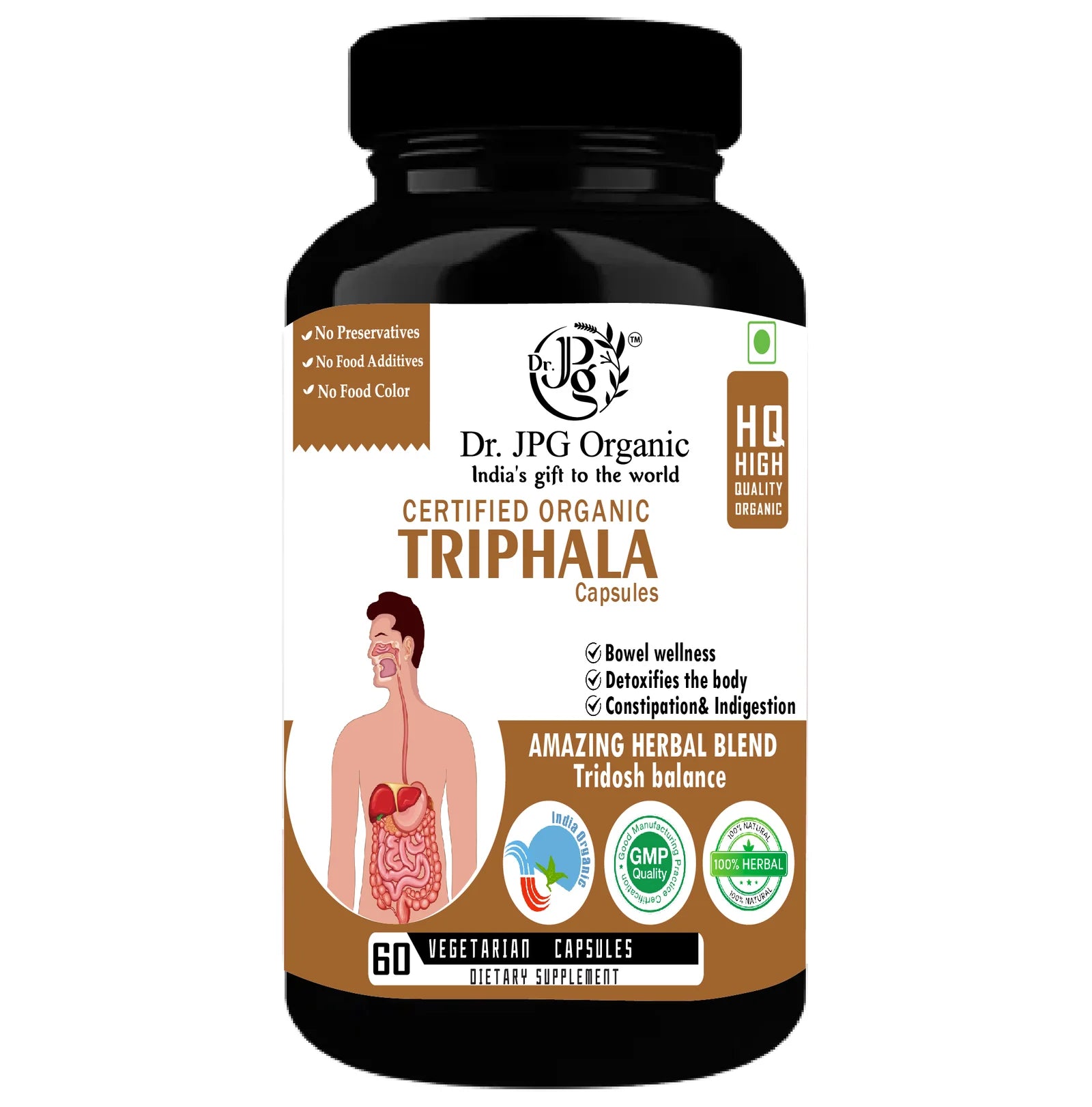 DR. JPG Organic Triphala Capsules (500mg, 60 Veg Capsules) | For Digestion, Colon Cleanse & Gut Health | 100% Certified Organic