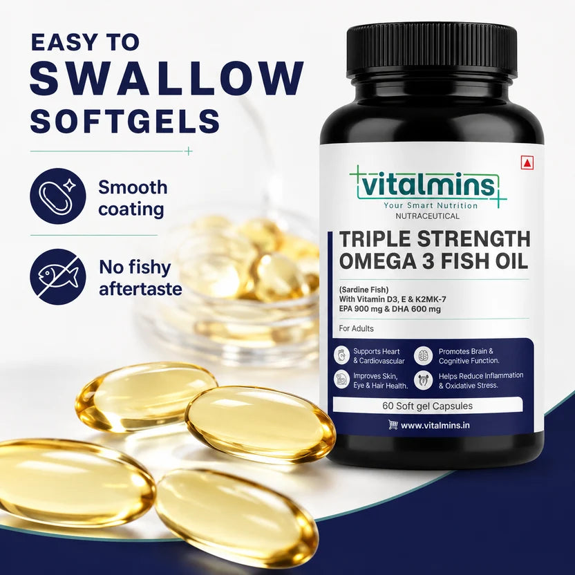 Vitalmins Triple Strength Omega 3 Fish Oil Softgels | Ultra-Pure High-Yield EPA & DHA for Heart, Joint, Brain & Eye Support – 60 Softgels