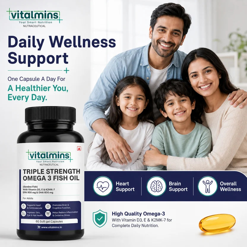 Vitalmins Triple Strength Omega 3 Fish Oil Softgels | Ultra-Pure High-Yield EPA & DHA for Heart, Joint, Brain & Eye Support – 60 Softgels
