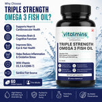 Vitalmins Triple Strength Omega 3 Fish Oil Softgels | Ultra-Pure High-Yield EPA & DHA for Heart, Joint, Brain & Eye Support – 60 Softgels