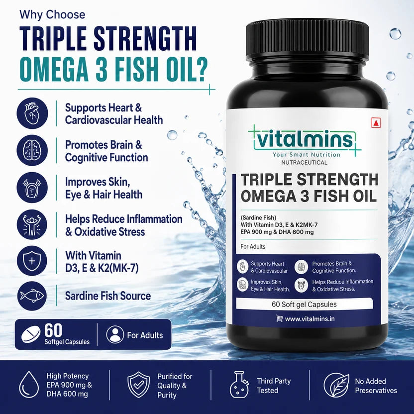 Vitalmins Triple Strength Omega 3 Fish Oil Softgels | Ultra-Pure High-Yield EPA & DHA for Heart, Joint, Brain & Eye Support – 60 Softgels