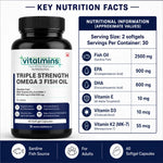 Vitalmins Triple Strength Omega 3 Fish Oil Softgels | Ultra-Pure High-Yield EPA & DHA for Heart, Joint, Brain & Eye Support – 60 Softgels