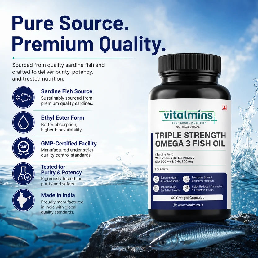 Vitalmins Triple Strength Omega 3 Fish Oil Softgels | Ultra-Pure High-Yield EPA & DHA for Heart, Joint, Brain & Eye Support – 60 Softgels