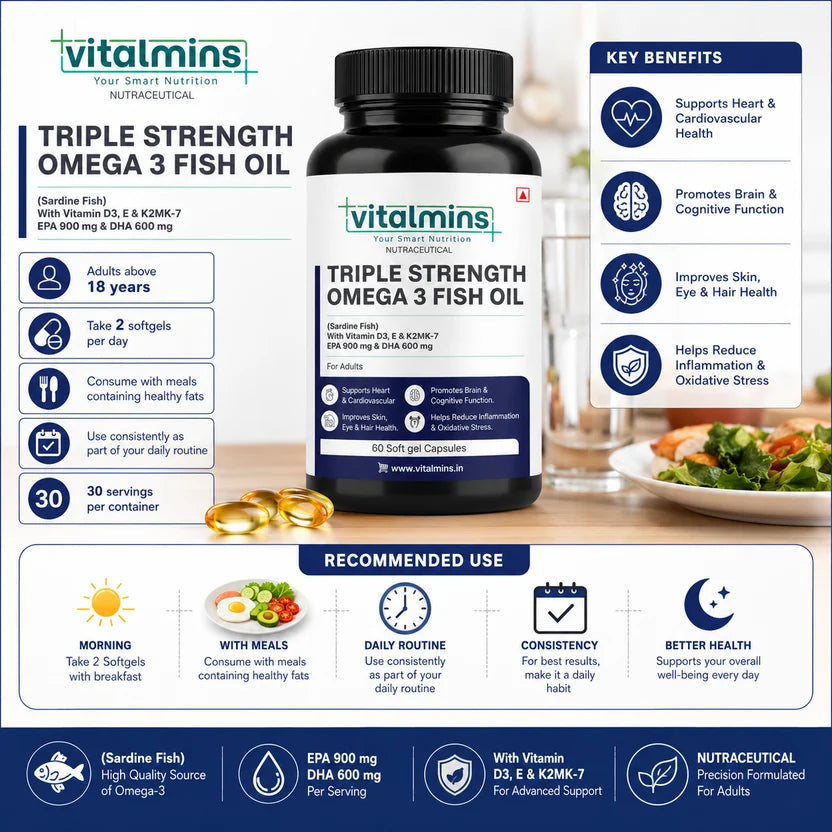 Vitalmins Triple Strength Omega 3 Fish Oil Softgels | Ultra-Pure High-Yield EPA & DHA for Heart, Joint, Brain & Eye Support – 60 Softgels