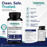 Vitalmins Triple Strength Omega 3 Fish Oil Softgels | Ultra-Pure High-Yield EPA & DHA for Heart, Joint, Brain & Eye Support – 60 Softgels