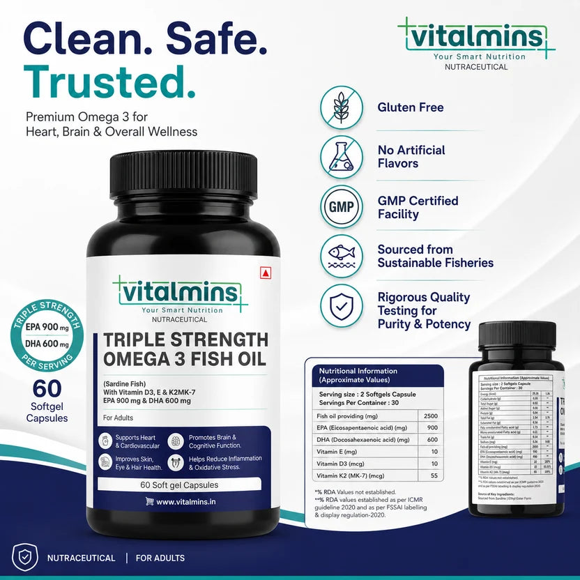 Vitalmins Triple Strength Omega 3 Fish Oil Softgels | Ultra-Pure High-Yield EPA & DHA for Heart, Joint, Brain & Eye Support – 60 Softgels