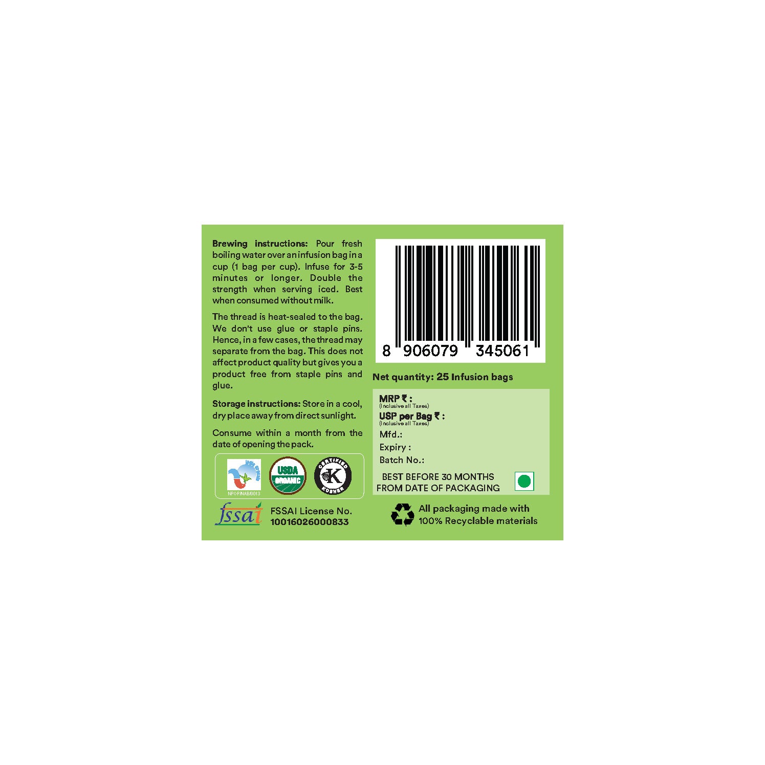 Organic Wellness Tulsi Lemon ginger Green Tea 25 Tea Bags Pack
