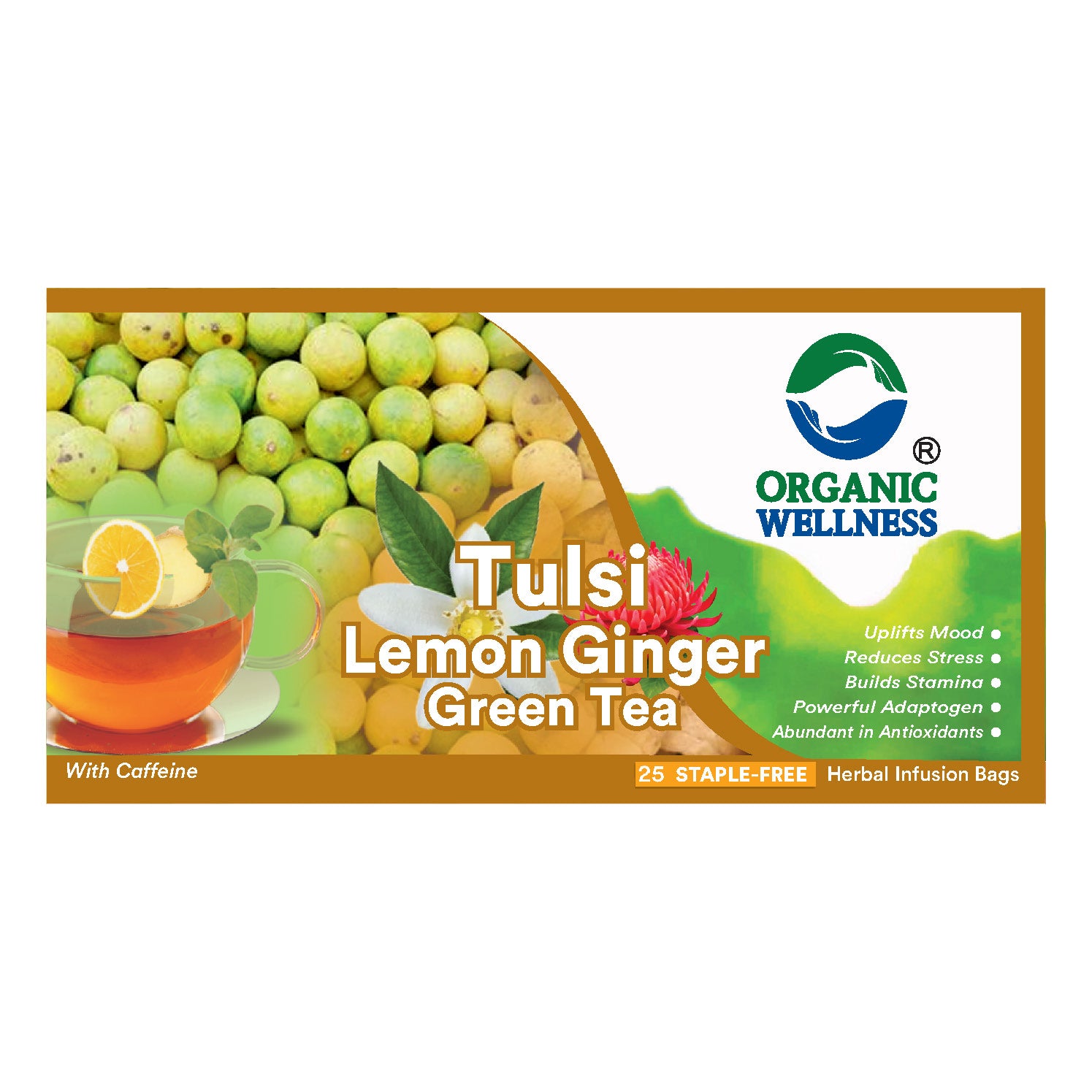 Organic Wellness Tulsi Lemon ginger Green Tea 25 Tea Bags Pack