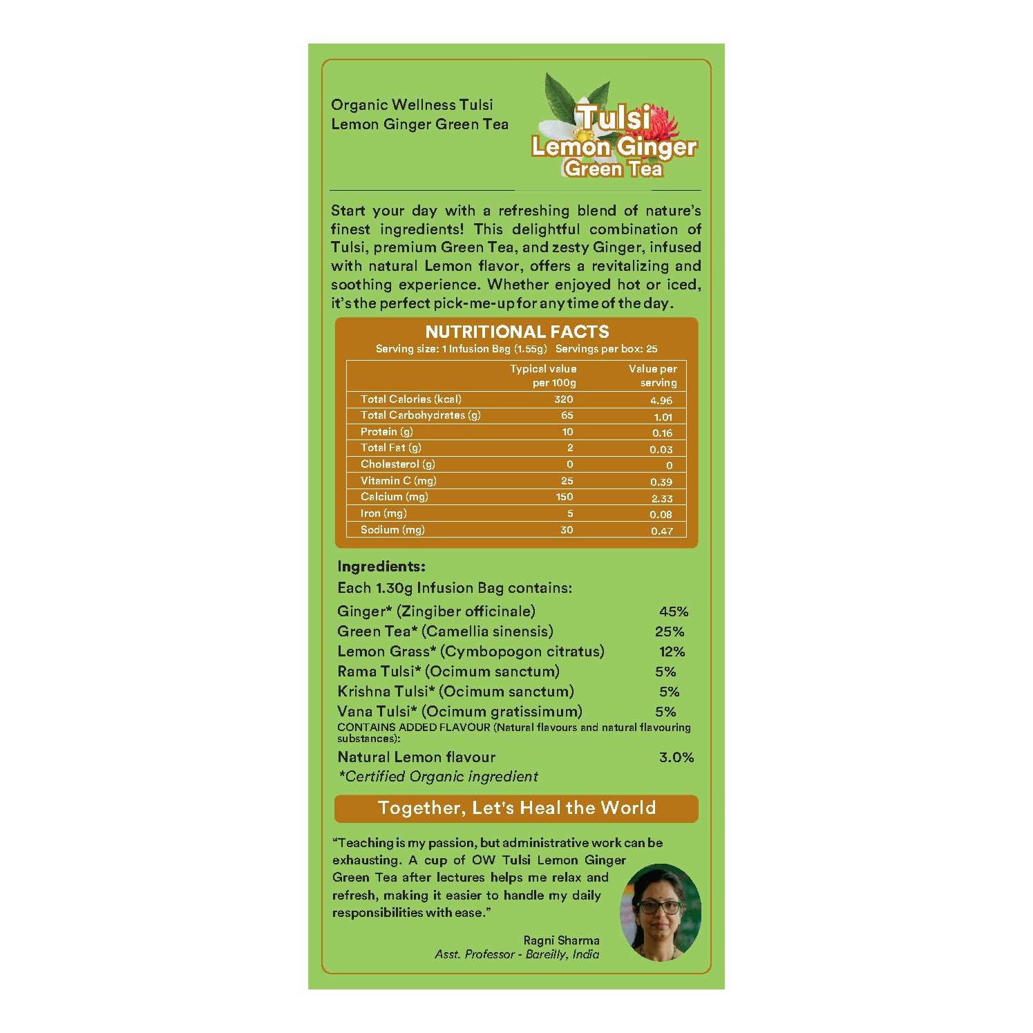 Organic Wellness Tulsi Lemon ginger Green Tea 25 Tea Bags Pack