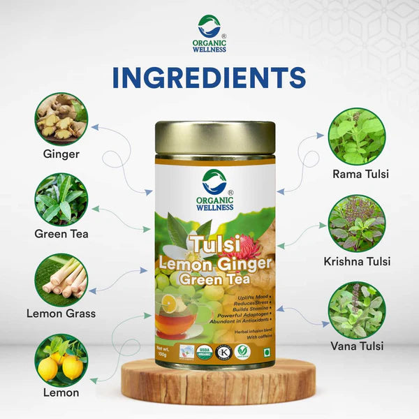 Organic Wellness Tulsi Lemon ginger Green Tea 100 grams Tin Pack