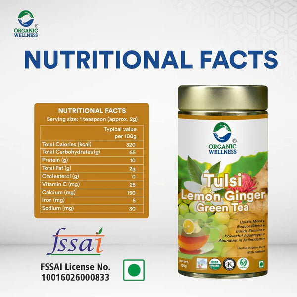 Organic Wellness Tulsi Lemon ginger Green Tea 100 grams Tin Pack