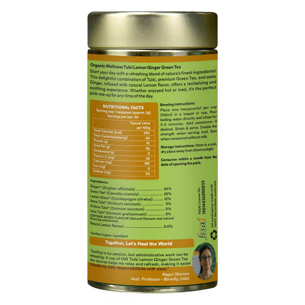 Organic Wellness Tulsi Lemon ginger Green Tea 100 grams Tin Pack