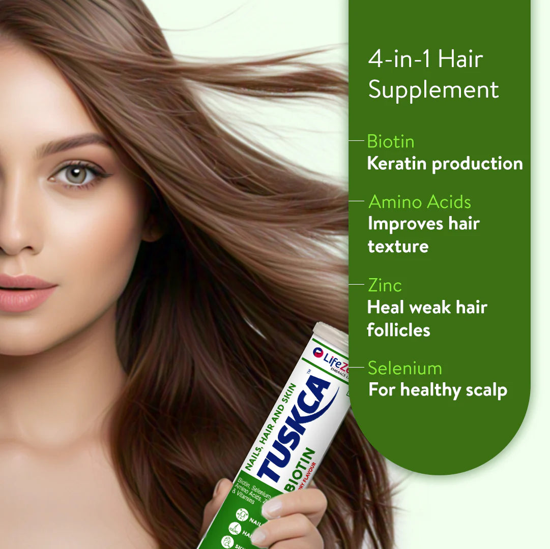 Lifezen Tuskca Biotin + Selenium + Zinc For Hair, Nails & Skin Health l To Boost Keratin Levels, Reduce Hair Loss, Promote Regrowth & Maintain Healthy Nails & Skin | 20 Effervescent Tablet (Pack of 1) Berry Flavour
