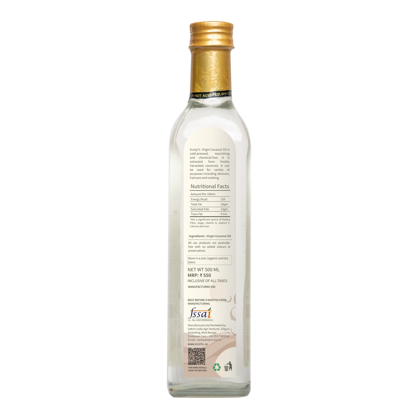 Ecotyl Cold-Pressed Virgin Coconut Oil - 500ml