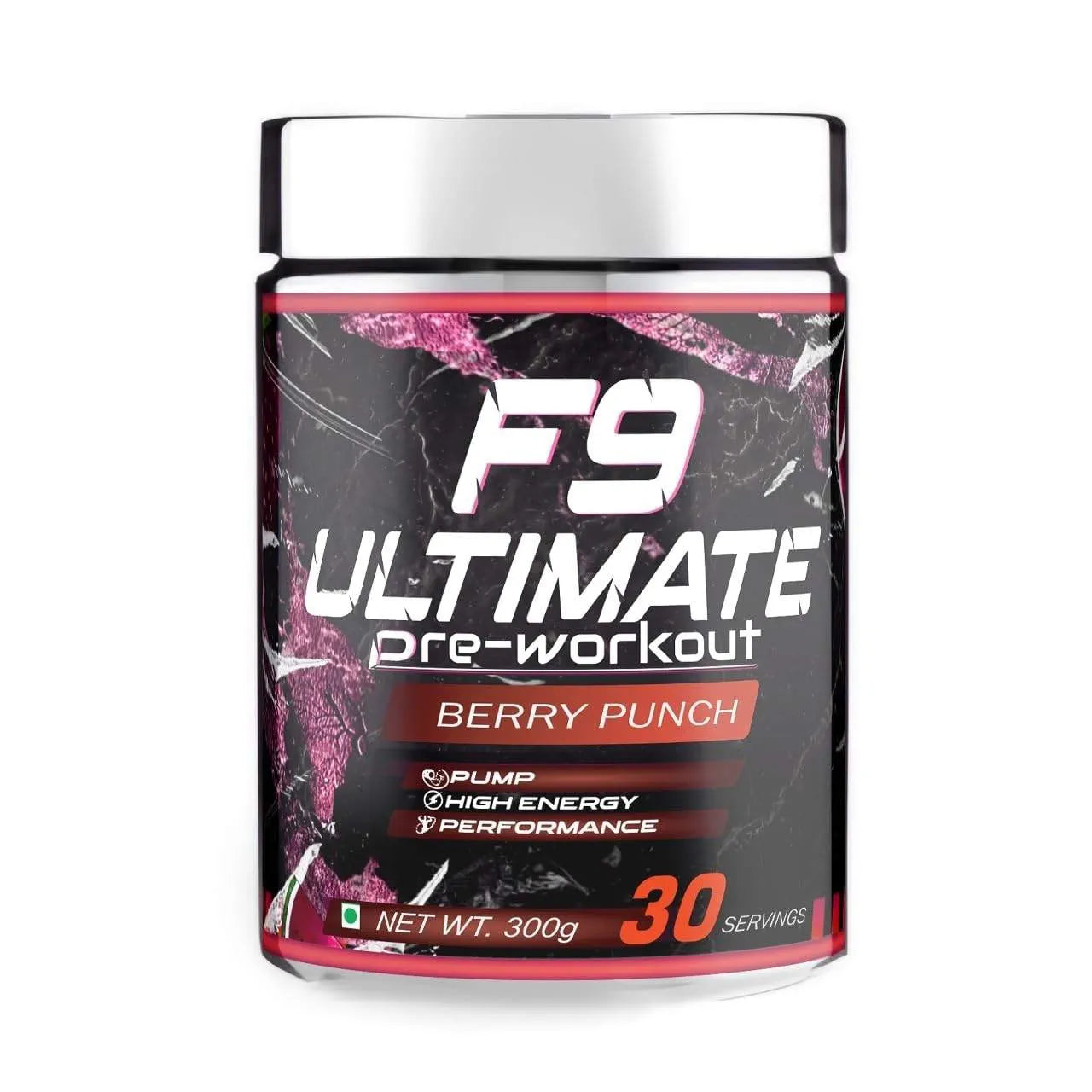 Muscle Asylum F9 Ultimate Pre-Workout Supplement, Berry Punch Flavour, 300g, 30 Servings with Creatine, Beta Alanine and Caffeine