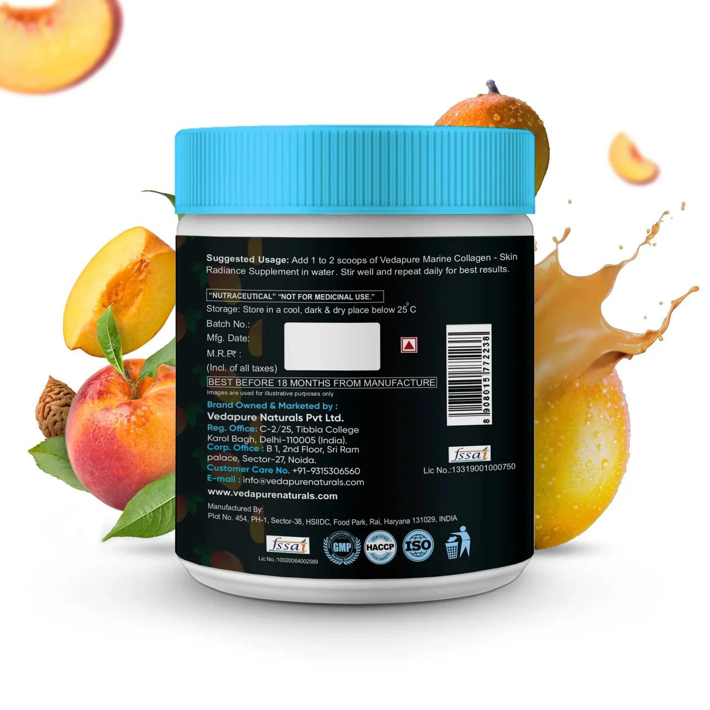 Vedapure Naturals Marine Collagen Skin Radiance Supplement | Hydrolyzed Collagen Powder with Amino Acids, Biotin, Vitamin C & E | For Healthy Skin, Joints, Hairs & Nails| Peachy Mango, 210g