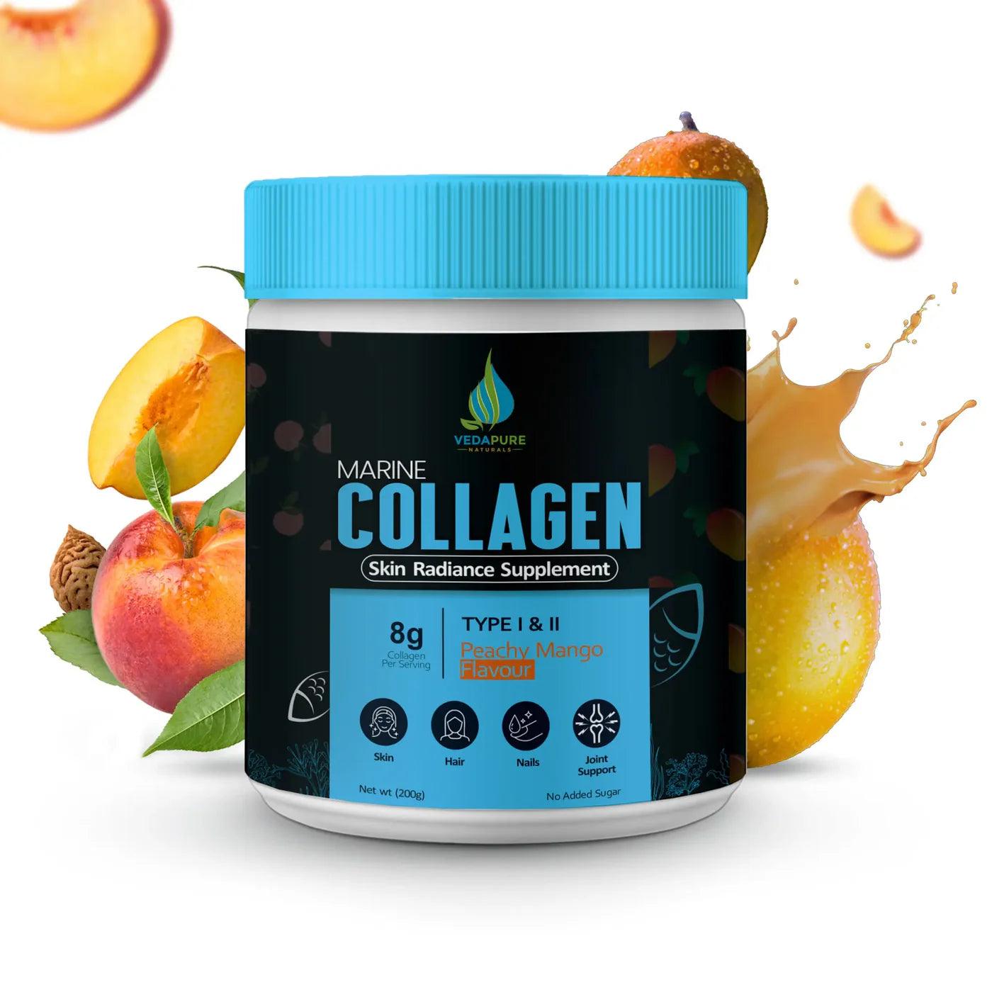 Vedapure Naturals Marine Collagen Skin Radiance Supplement | Hydrolyzed Collagen Powder with Amino Acids, Biotin, Vitamin C & E | For Healthy Skin, Joints, Hairs & Nails| Peachy Mango, 210g